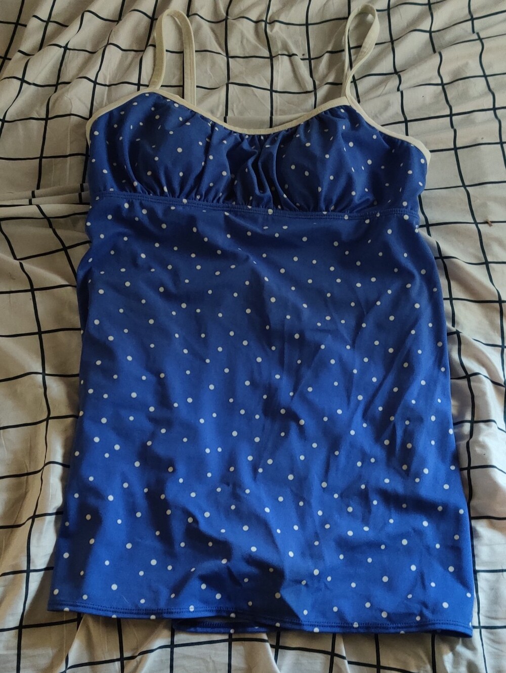 kim rogers size large blue with white polkadot one piece swimsuit